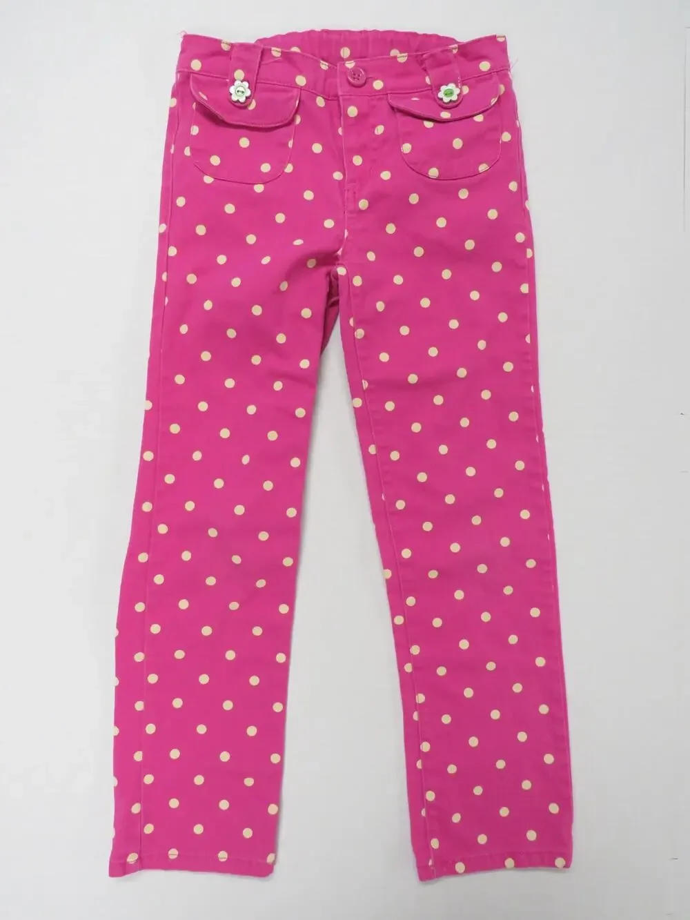 Gymboree Girls 7 Cotton Pink Polka Dot Pants Adjustable Waist Flower Buttons